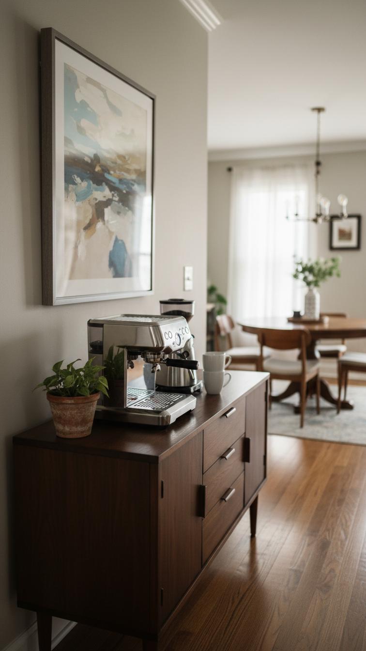 Stylish dark wood sideboard coffee bar with chrome espresso machine and white ceramic mugs in cozy dining room setting