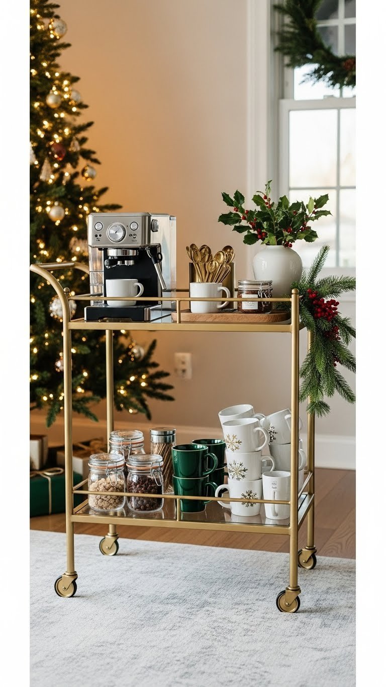 Stylish gold bar cart decorated for Christmas with coffee machine, holiday mugs, and jars of toppings.
