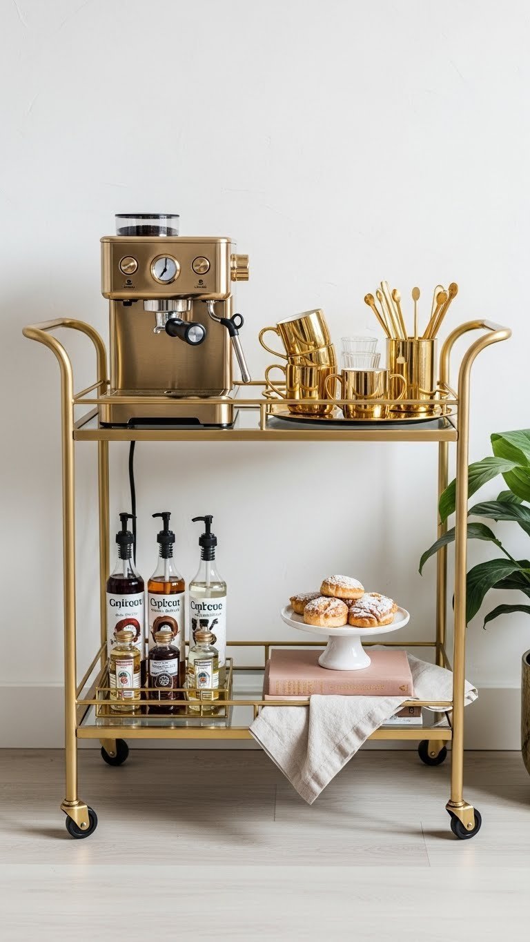 Stylish gold coffee bar cart with espresso machine, gold mugs, and coffee syrups arranged on wooden floor with soft natural lighting