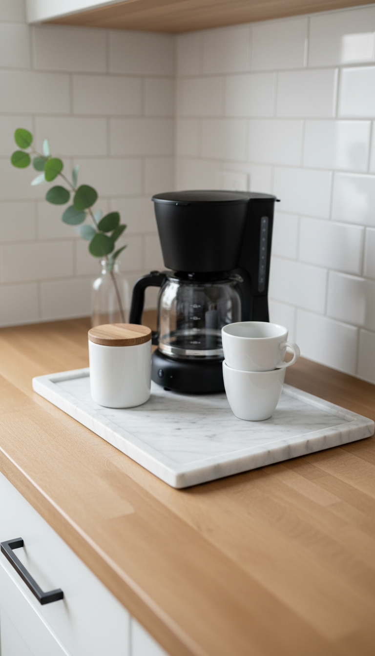 Stylish minimalist coffee bar setup on marble tray with black coffee maker and white ceramic canister on light wood counter