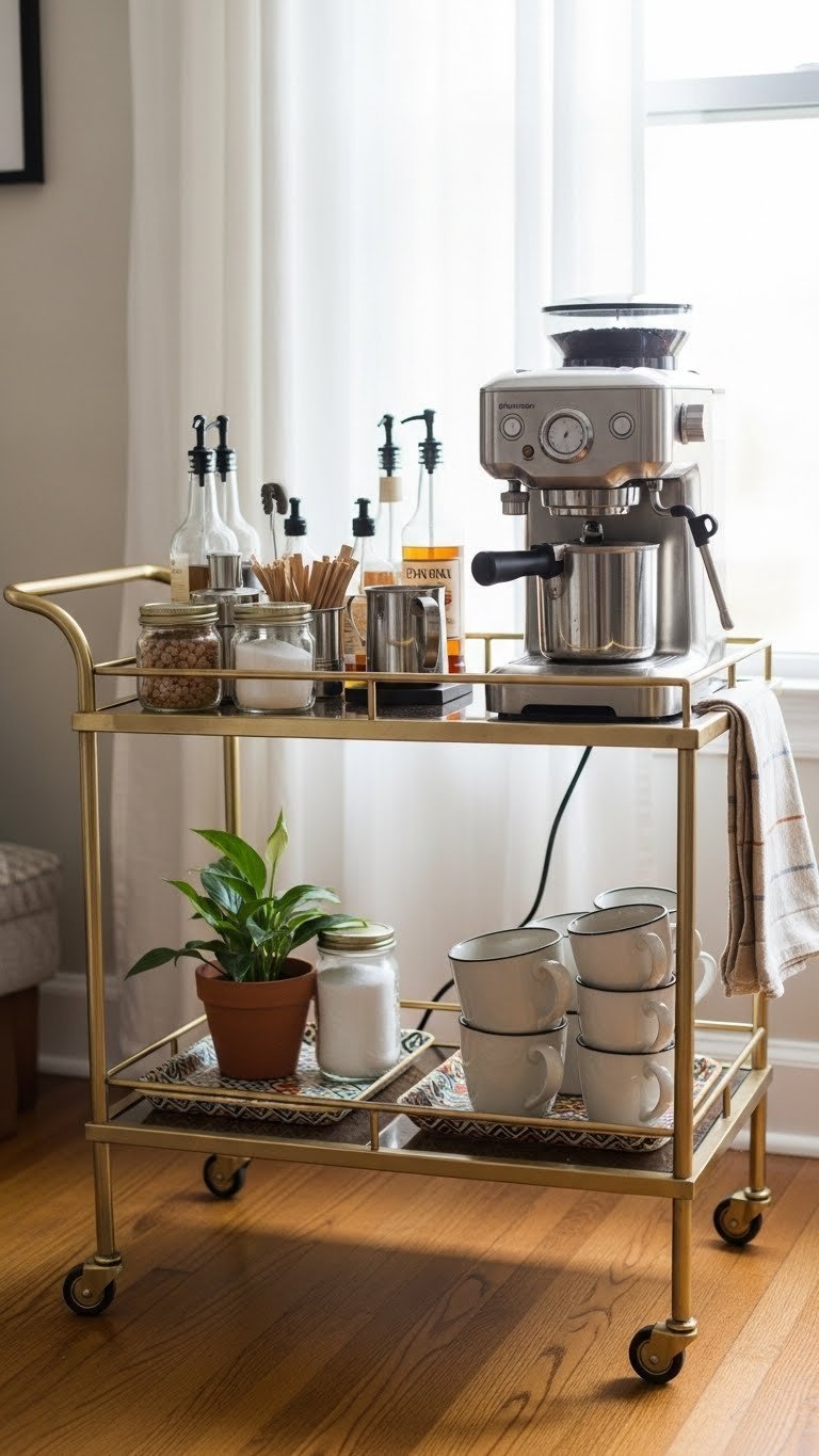 Stylish mobile bar cart coffee station with coffee maker, accessories, and storage jars on hardwood floor