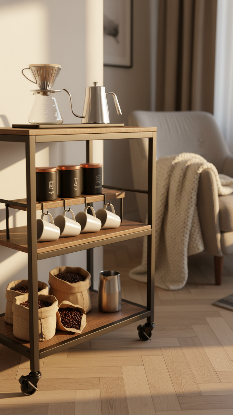Stylish rolling coffee cart with matte black metal frame featuring chrome pour-over setup and organized coffee accessories