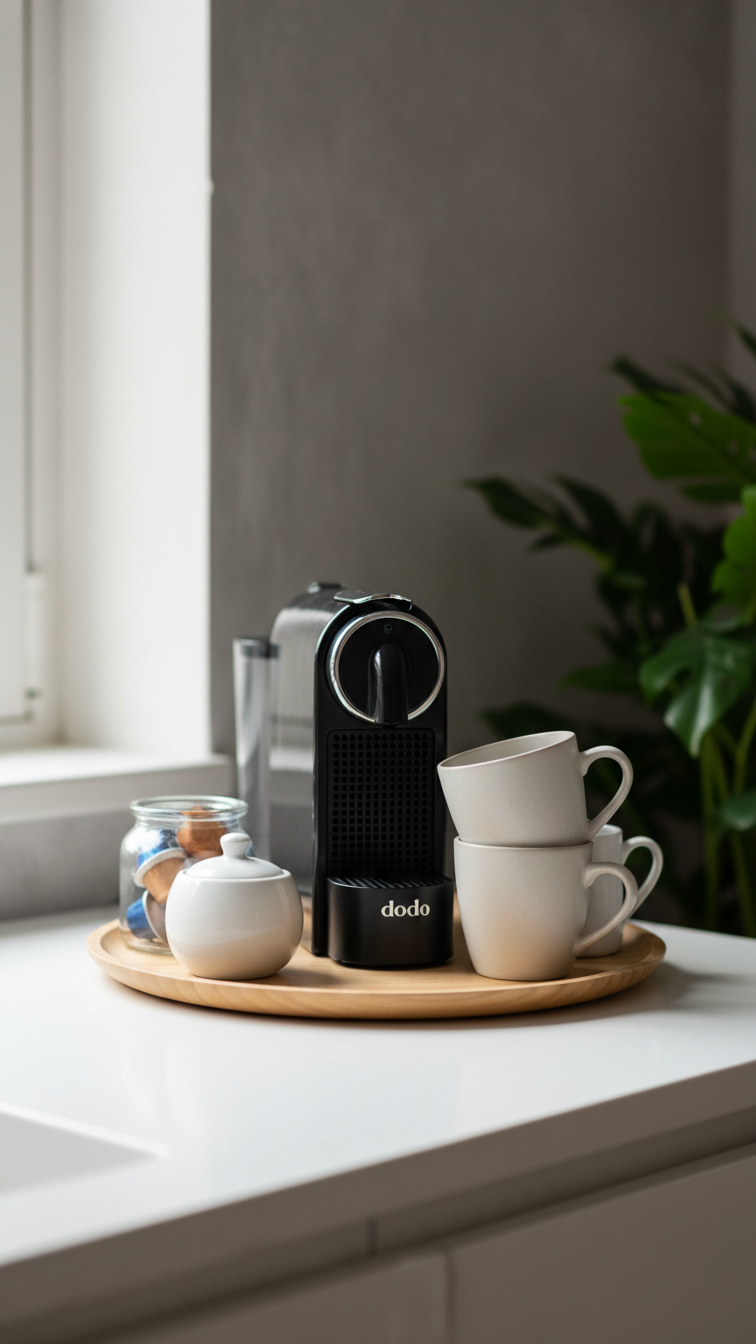 Stylish single-serve coffee maker on wooden tray with ceramic mugs and coffee pods in cozy modern office corner with soft natural lighting
