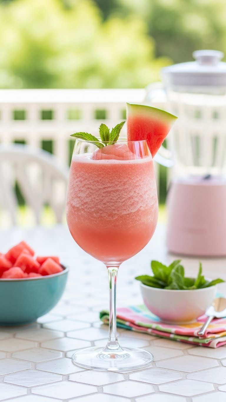Stylish stemless wine glass with vibrant pink watermelon frosé mocktail, watermelon wedge, and mint sprig garnish