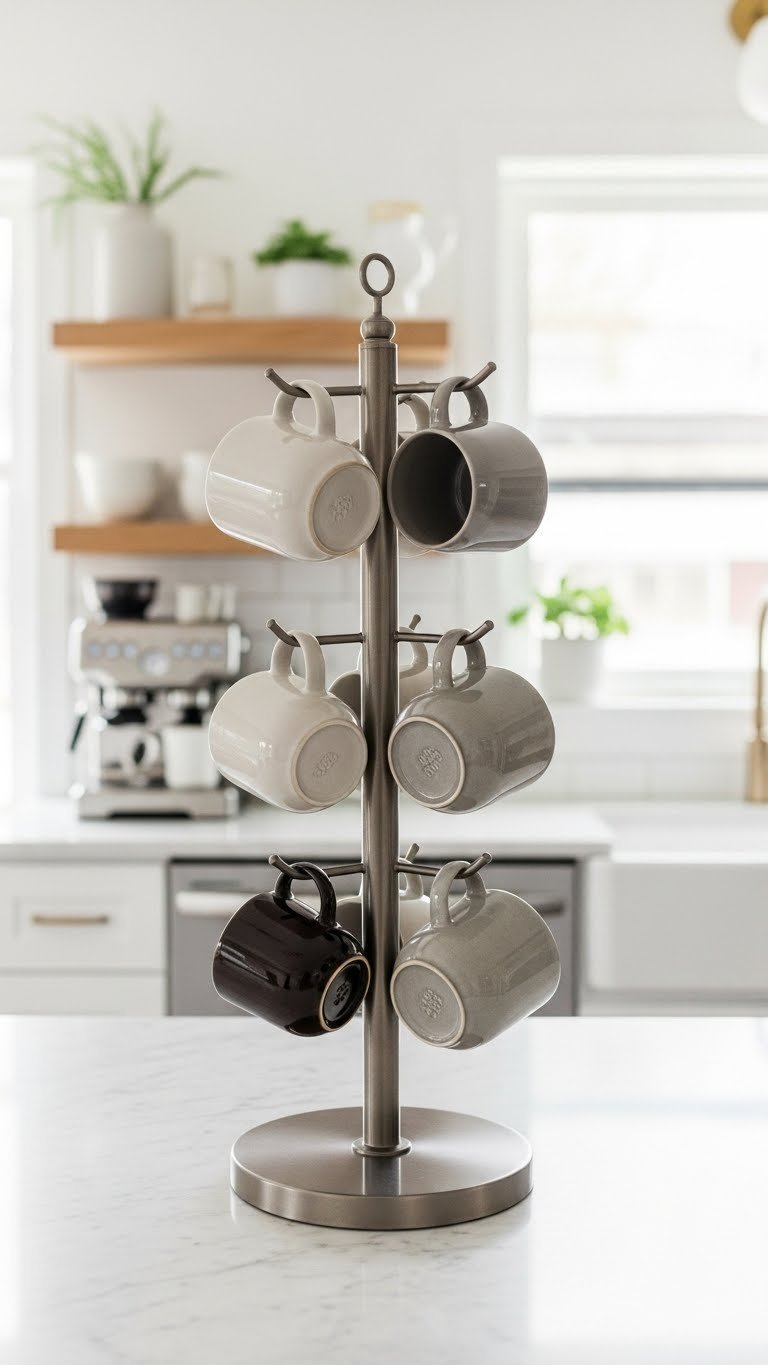 Stylish wall-mounted mug rack displaying artisanal coffee cups on marble countertop with natural lighting