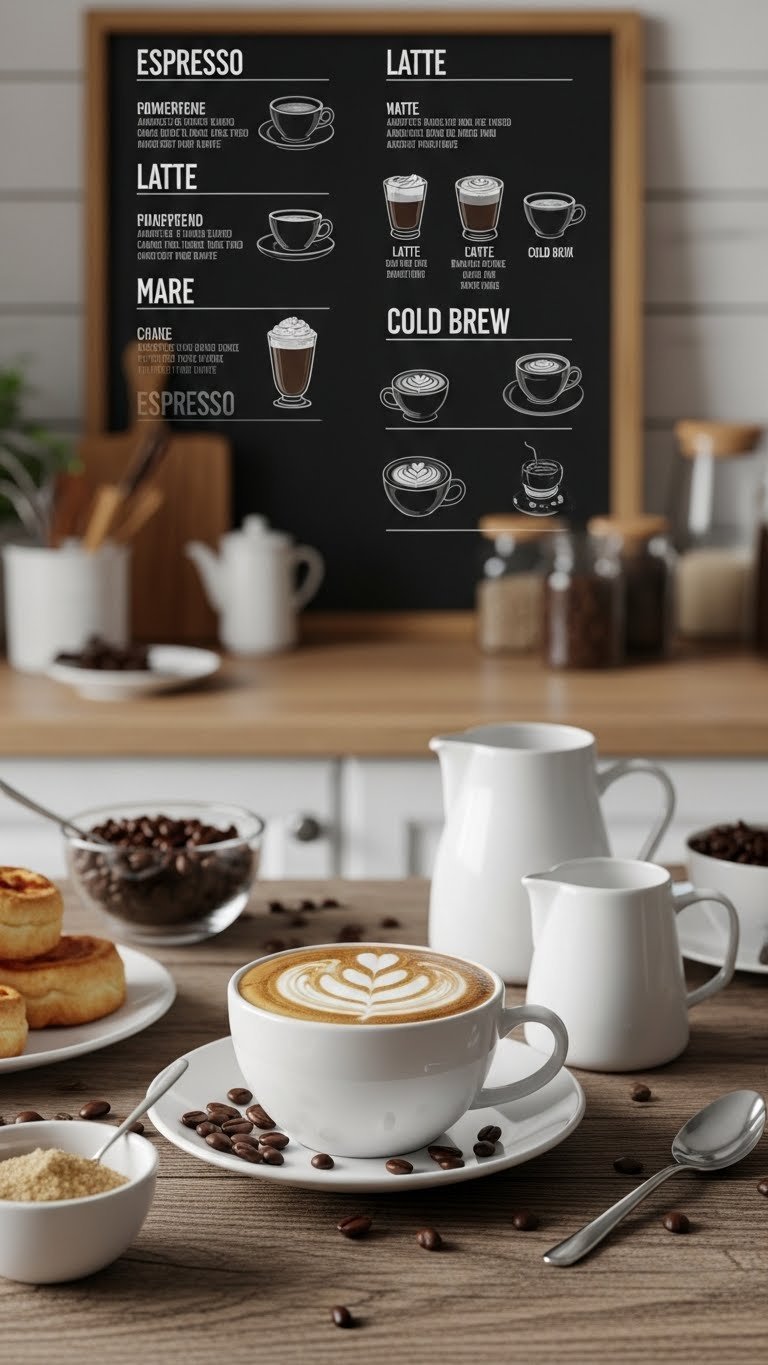 Stylized coffee menu board with fresh beans and latte art elements on rustic wooden counter