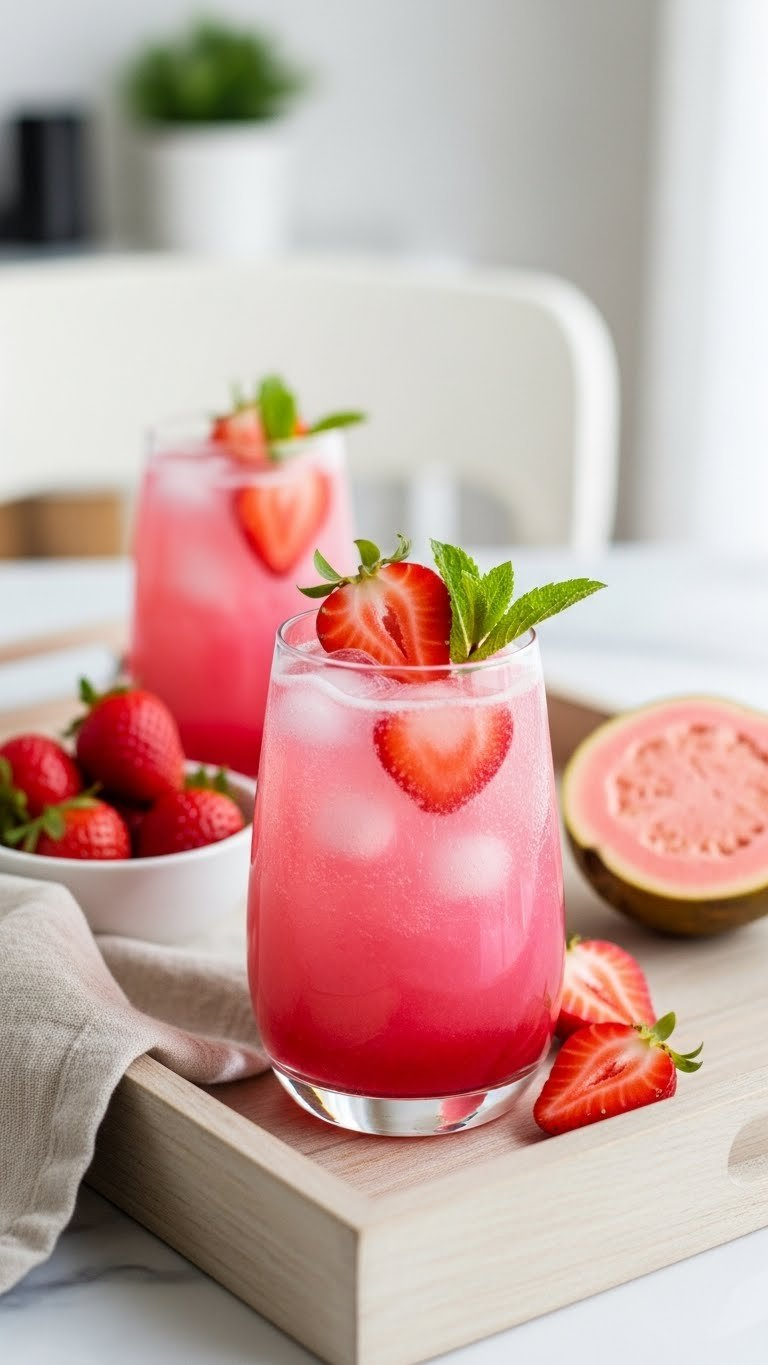 Sugar-free Strawberry Guava Pink Lotus drink in clear glass with layered pink gradient and strawberry garnish