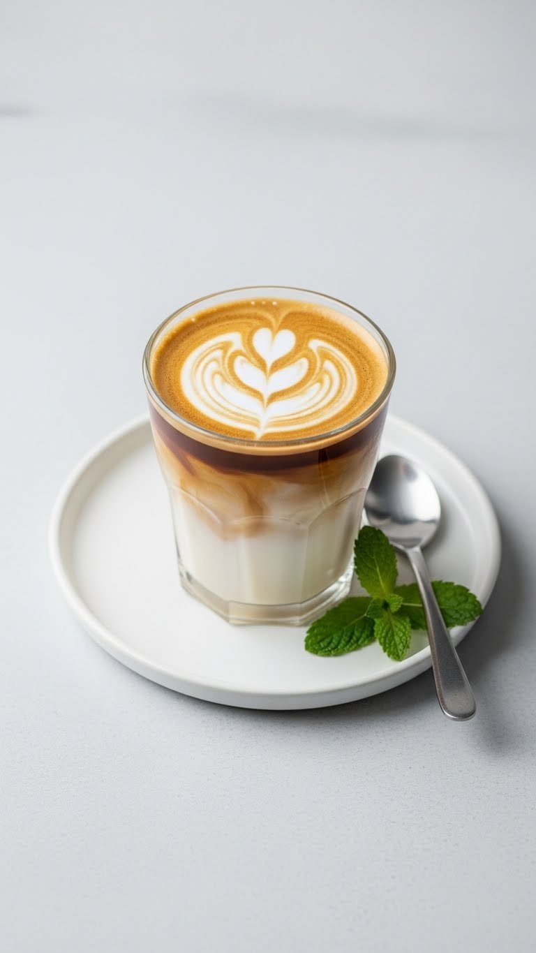 Sugar-free iced vanilla latte Dutch Bros drink with subtle gradient and latte art leaf on white ceramic plate