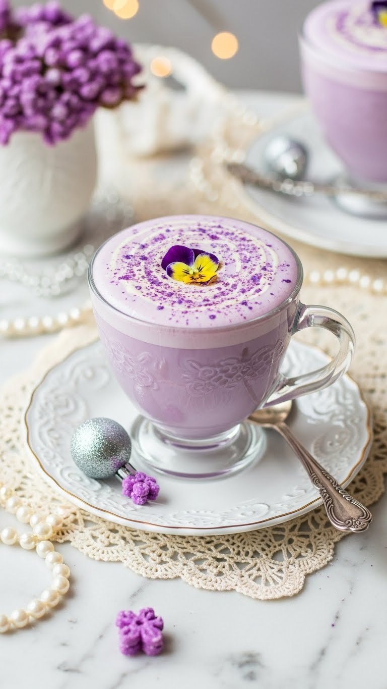 Sugar plum fairy coffee in ornate teacup with pale lavender hue, edible glitter, and candied violet