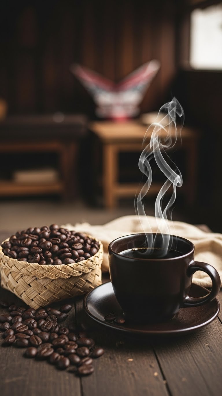 Sulawesi Toraja coffee beans in woven basket next to thick-walled ceramic mug on dark textured wood