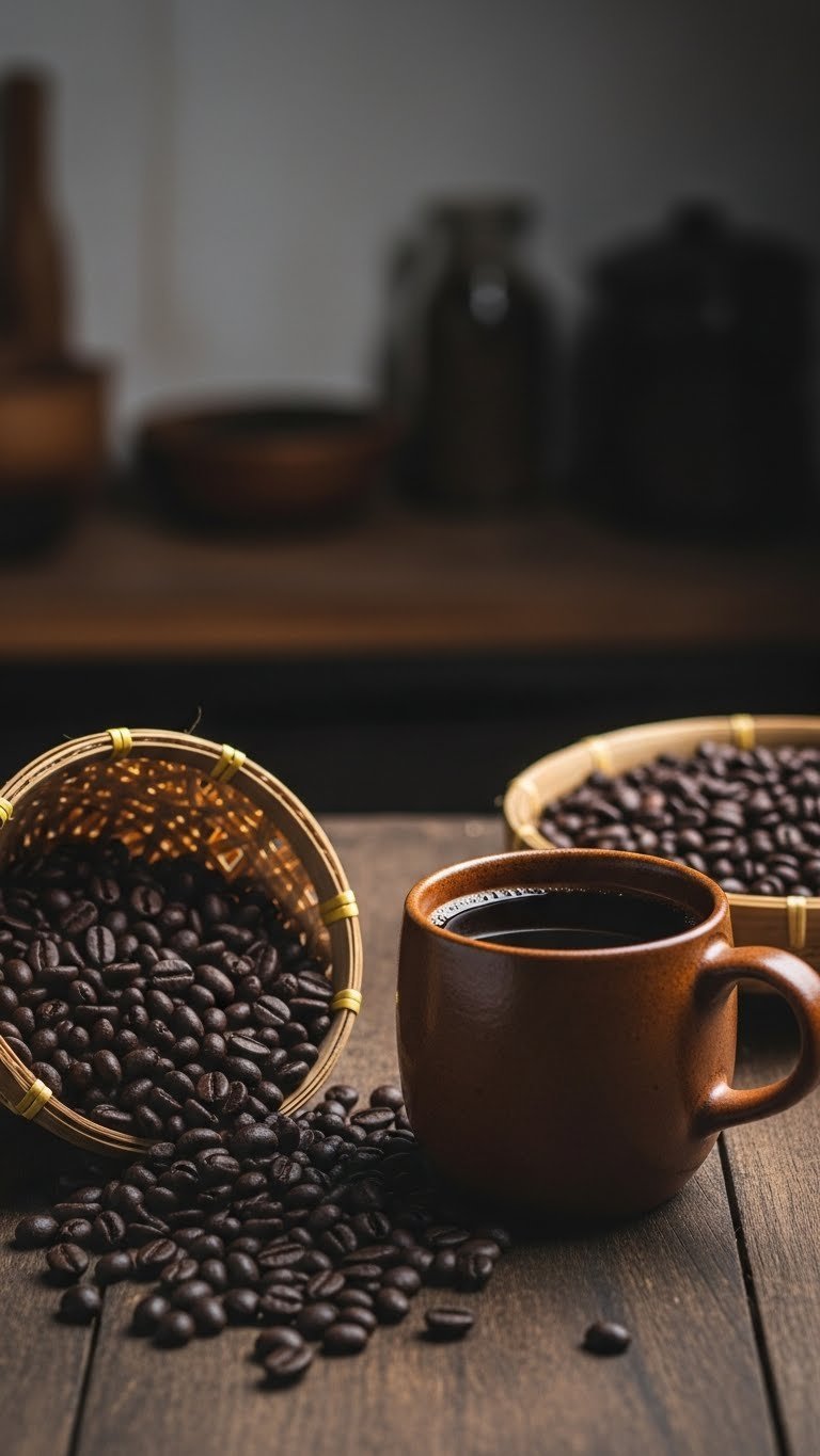 Sumatra Mandheling coffee beans spilling from bamboo basket beside rustic ceramic mug on dark wood