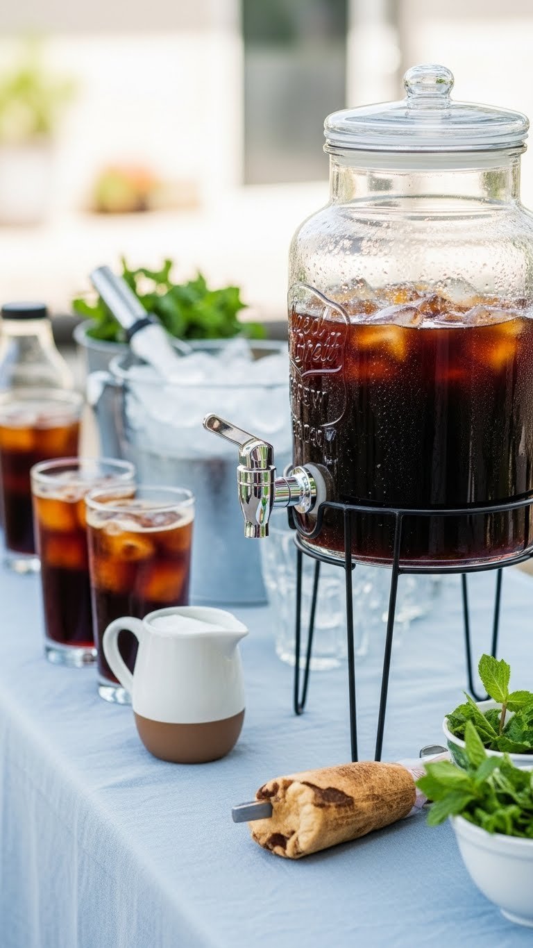 Summer iced coffee bar with glass cold brew dispenser showing condensation, ice bucket, and tall glasses on light tablecloth.
