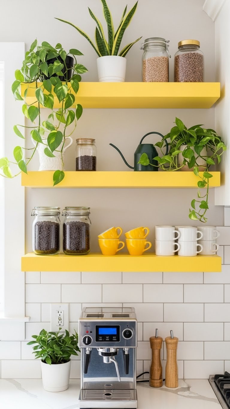 Sunny yellow open shelving coffee bar with glass jars and plants against subway tile backsplash
