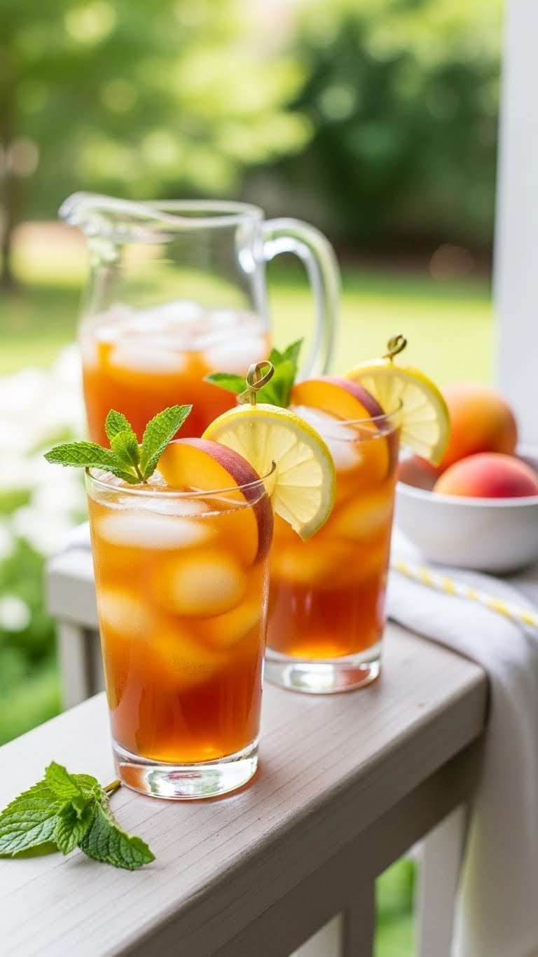 Sweet Southern Peach Iced Tea Cocktails in frosty glasses with peach slice garnish on wooden porch railing in daylight.
