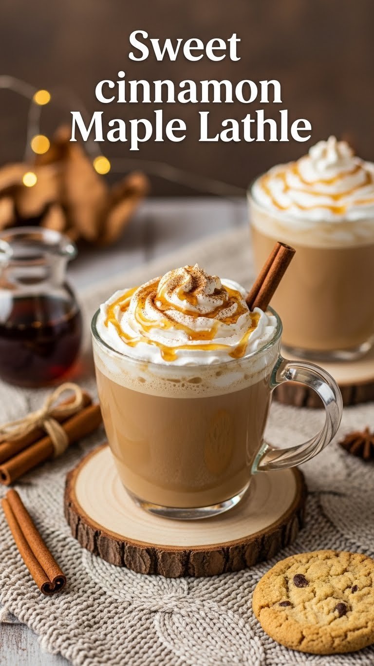 Sweet cinnamon maple latte in cozy ceramic mug with whipped cream, maple drizzle and cinnamon stick