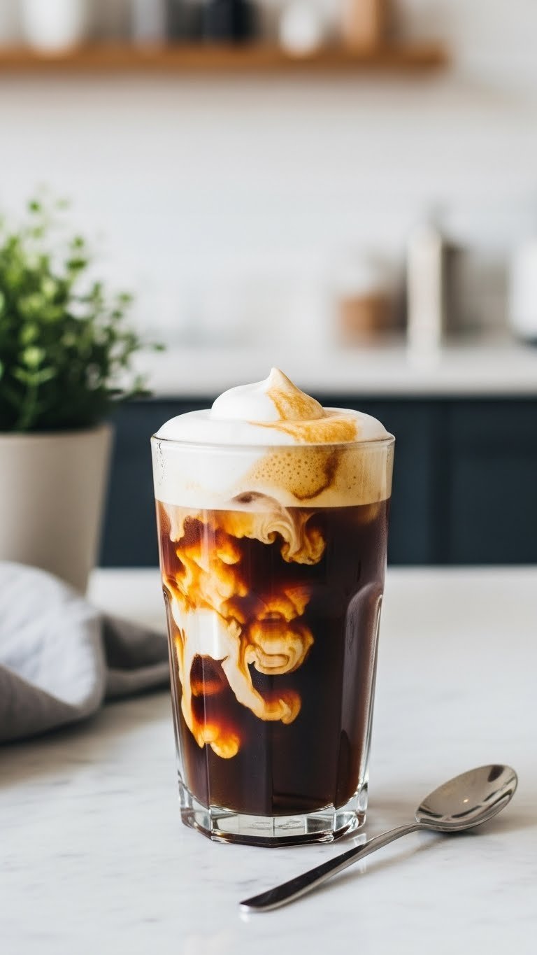 Sweet cream vanilla cold brew swirling through dark coffee in clear glass on marble countertop with soft bokeh background.