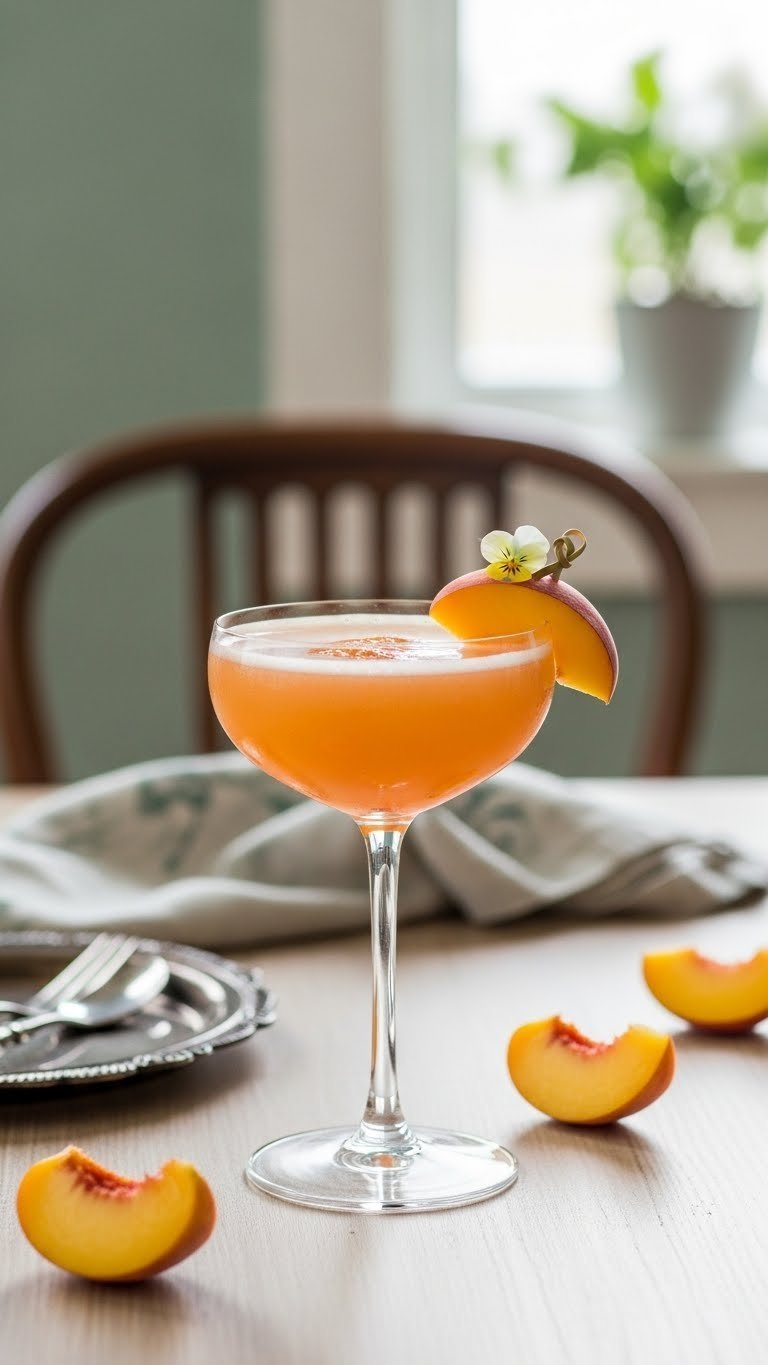 Sweet peach fizz cocktail in coupe glass with peach slice and edible flower garnish