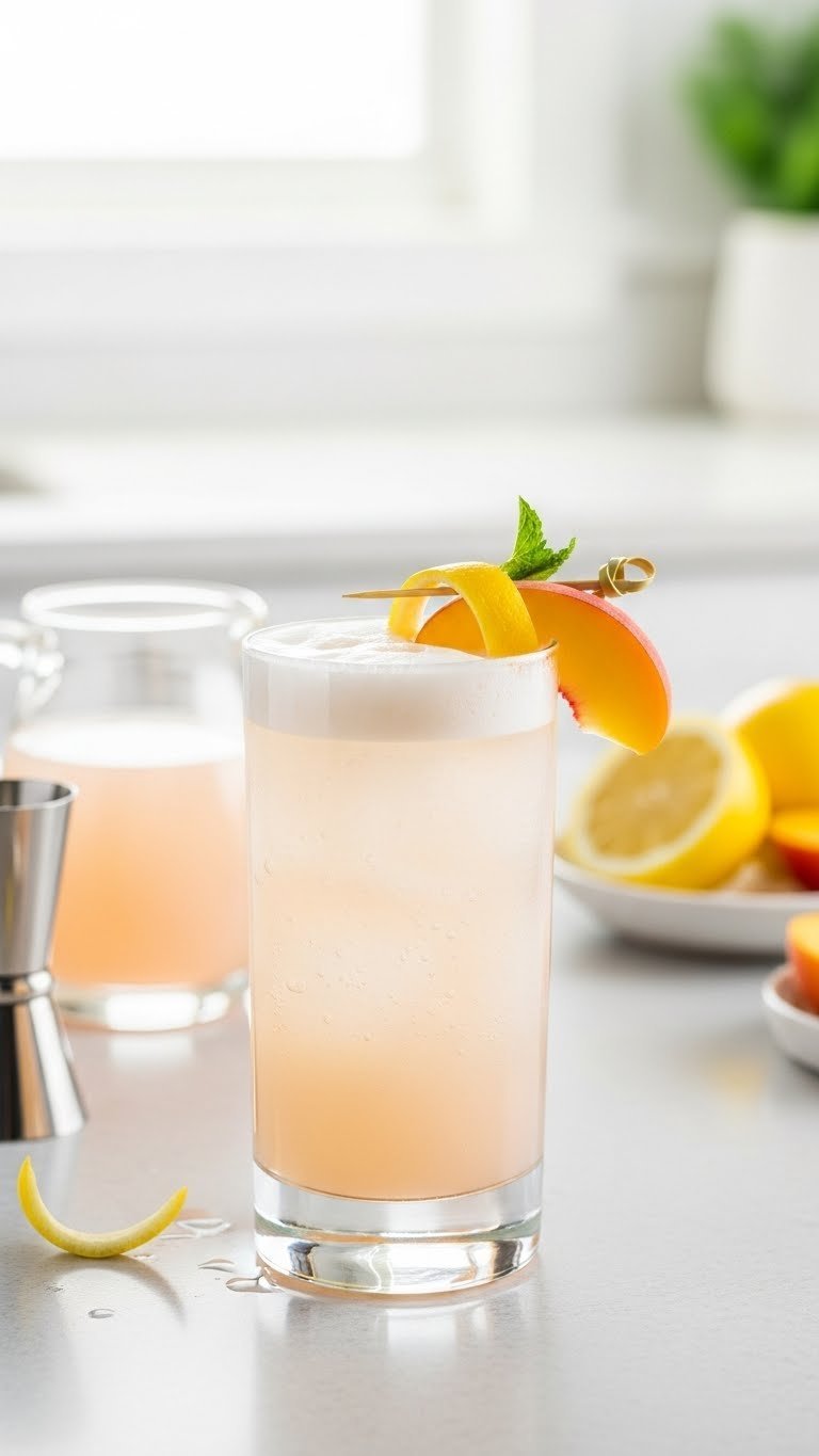 Sweet peach gin fizz with frothy top and lemon twist garnish in highball glass on light surface