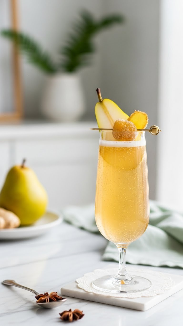 Tall champagne flute filled with sparkling pear ginger mocktail garnished with pear slice and candied ginger