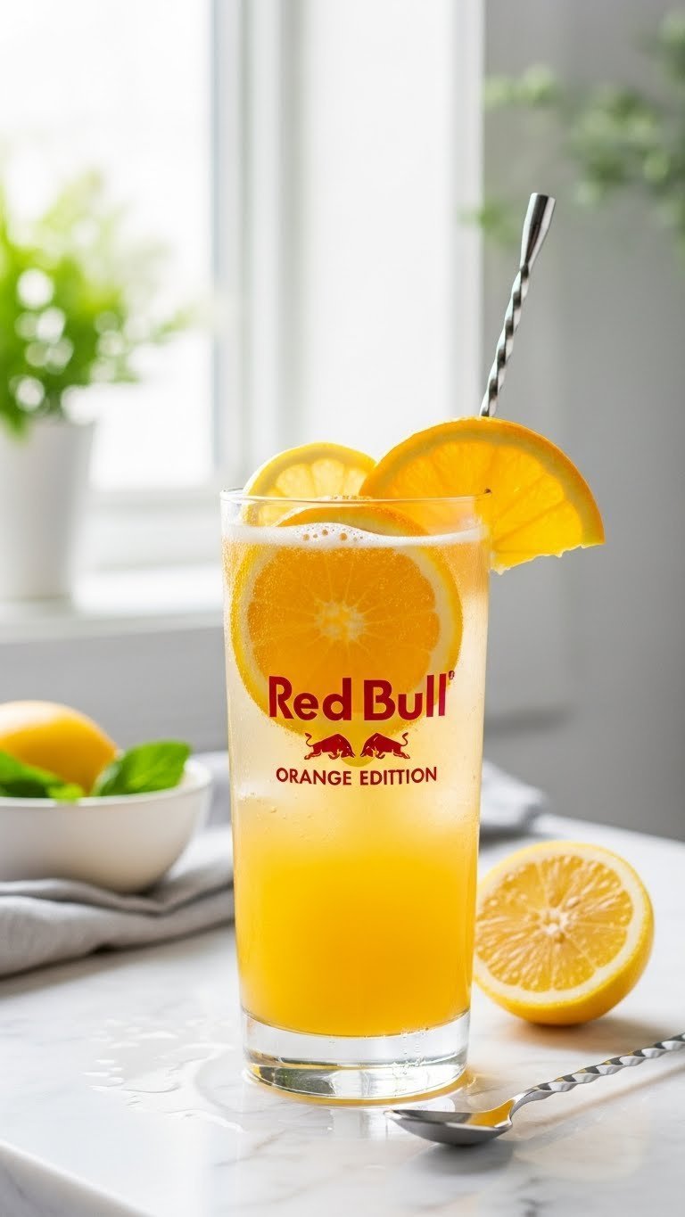Tall citrus Red Bull mocktail with orange and lemon slices in elegant glass on white marble countertop