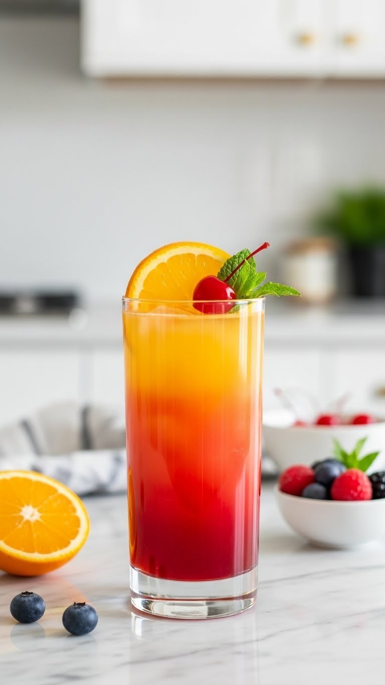 Tall clear glass with layered orange, red, and yellow sunset mocktail garnished with orange slice and cherry on marble countertop