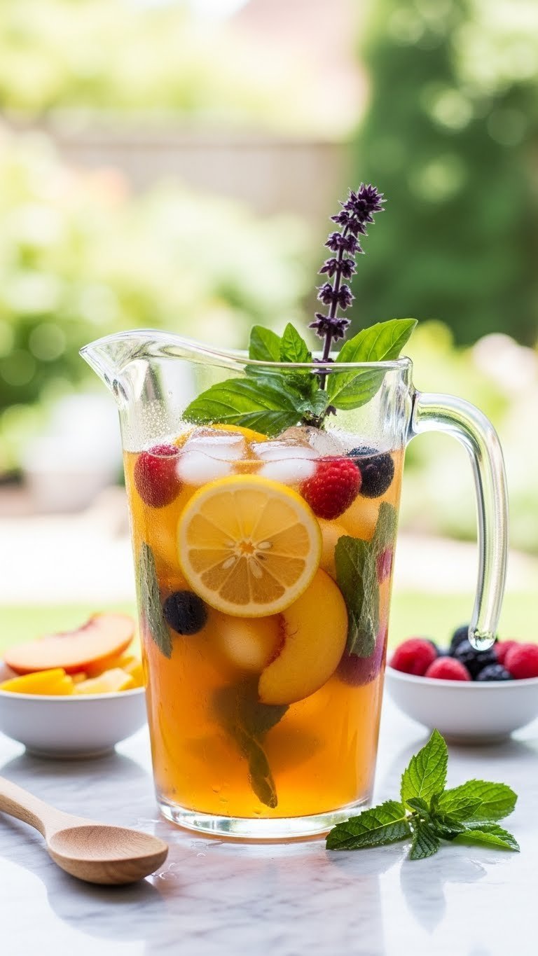 Tall clear pitcher filled with fruity herbal iced tea featuring lemon, peach, berry slices and mint, basil sprigs
