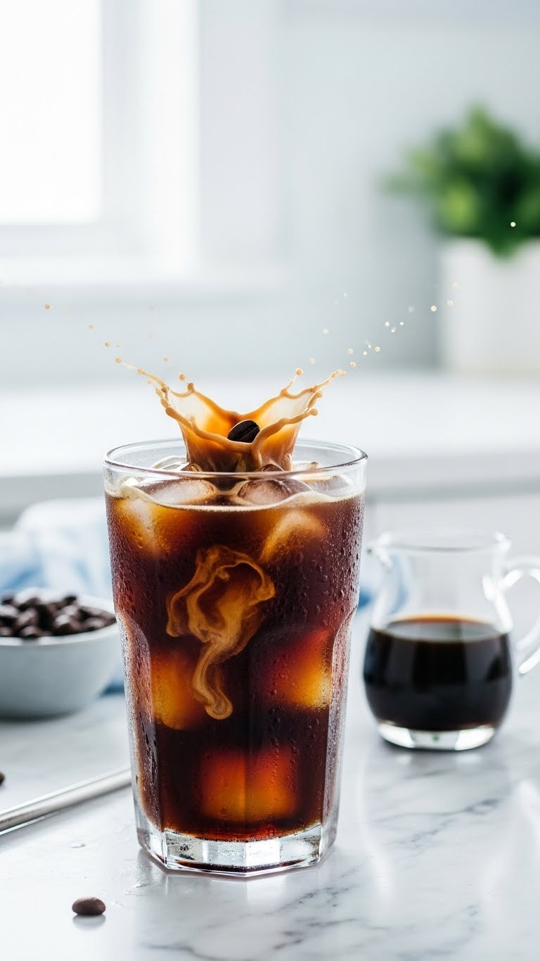 Tall condensation-beaded glass of dark iced cold brew coffee with ice cubes and cream swirl on light marble countertop.