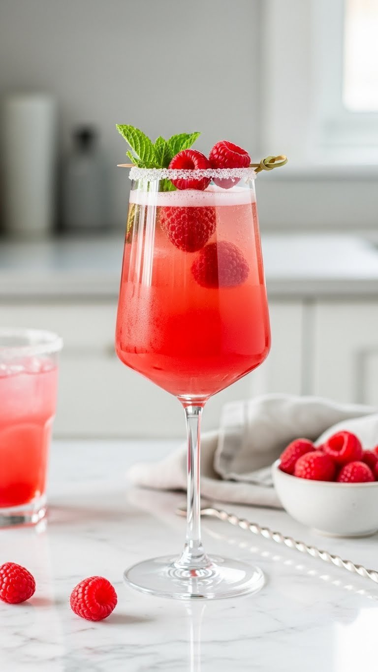 Tall elegant flute glass filled with effervescent pink raspberry mocktail garnished with fresh raspberries and mint sprig on white marble countertop.