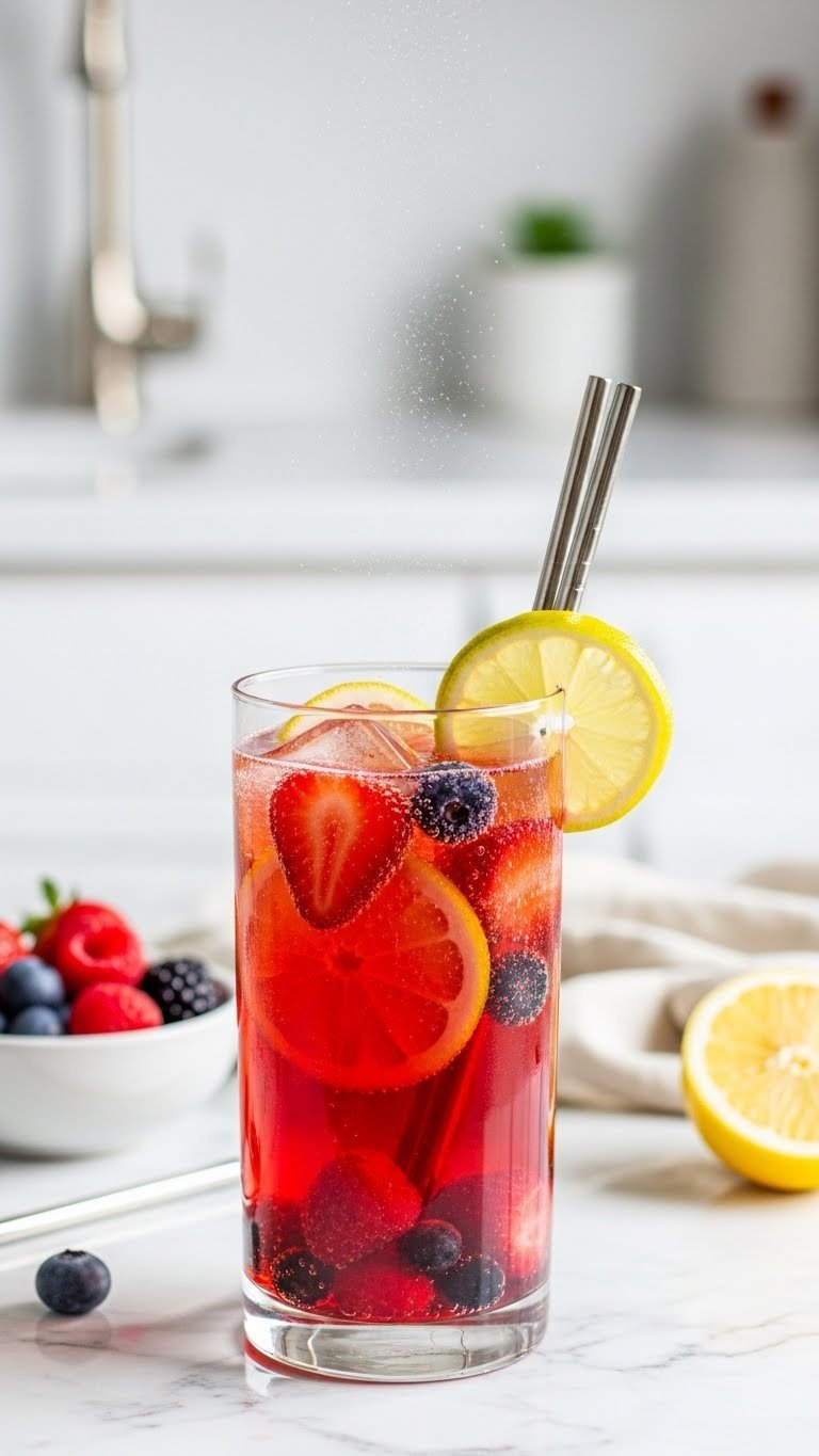 Tall elegant glass of sparkling citrus berry spritzer with fresh strawberries, raspberries, blueberries and lemon lime slices floating in bubbly red liquid