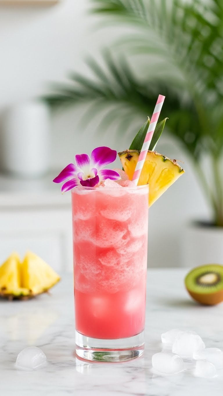 Tall elegant glass with vibrant pink tropical mocktail featuring pineapple wedges and orchid garnish on marble countertop