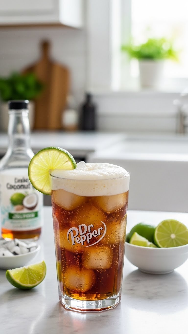 Tall glass of Dirty Dr Pepper with creamy foam topping, lime slice garnish, and ice cubes on marble countertop in natural light