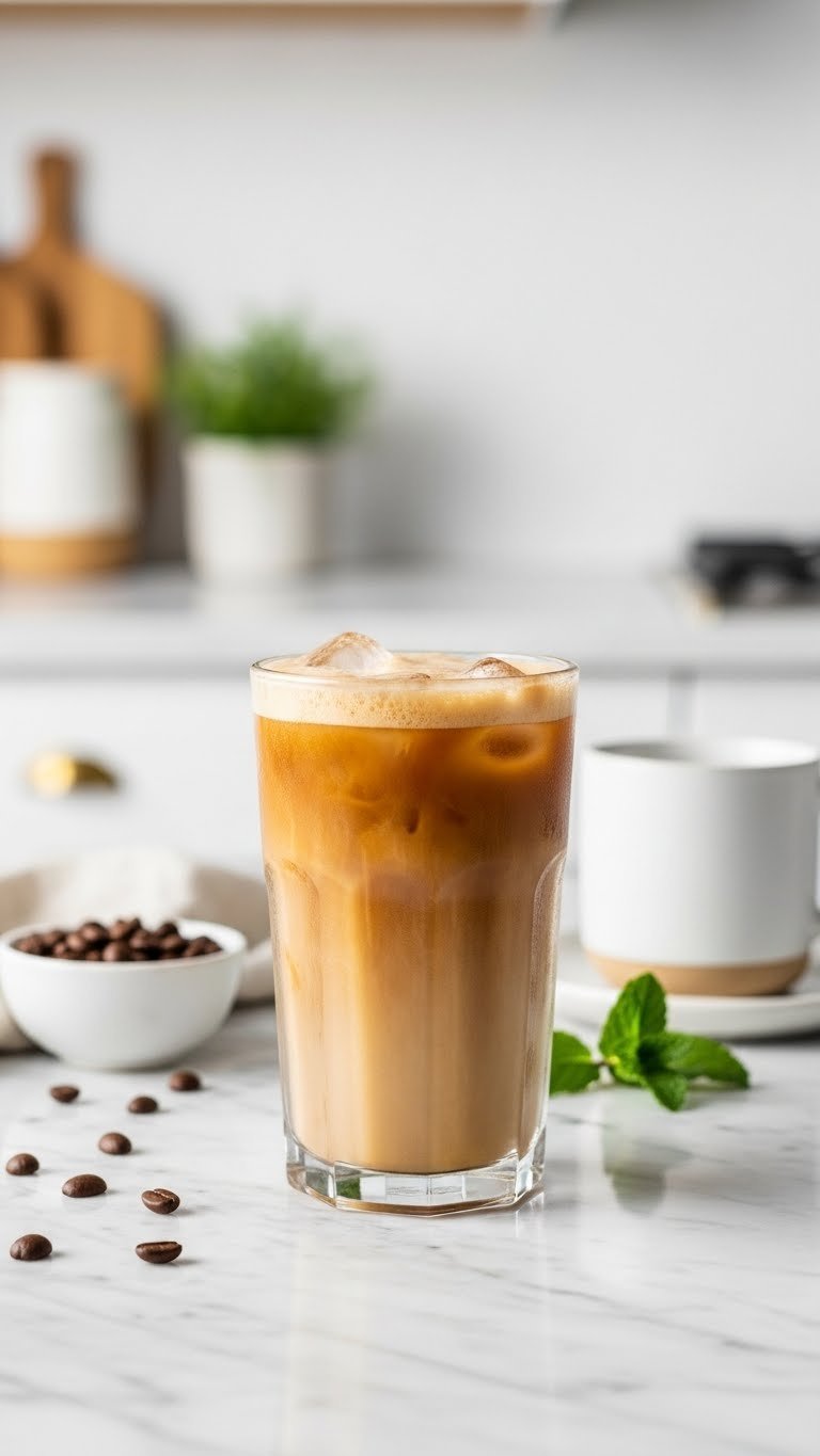 Tall glass of Herbalife House Blend iced coffee with golden-brown hue and light foam topping on marble countertop with coffee beans