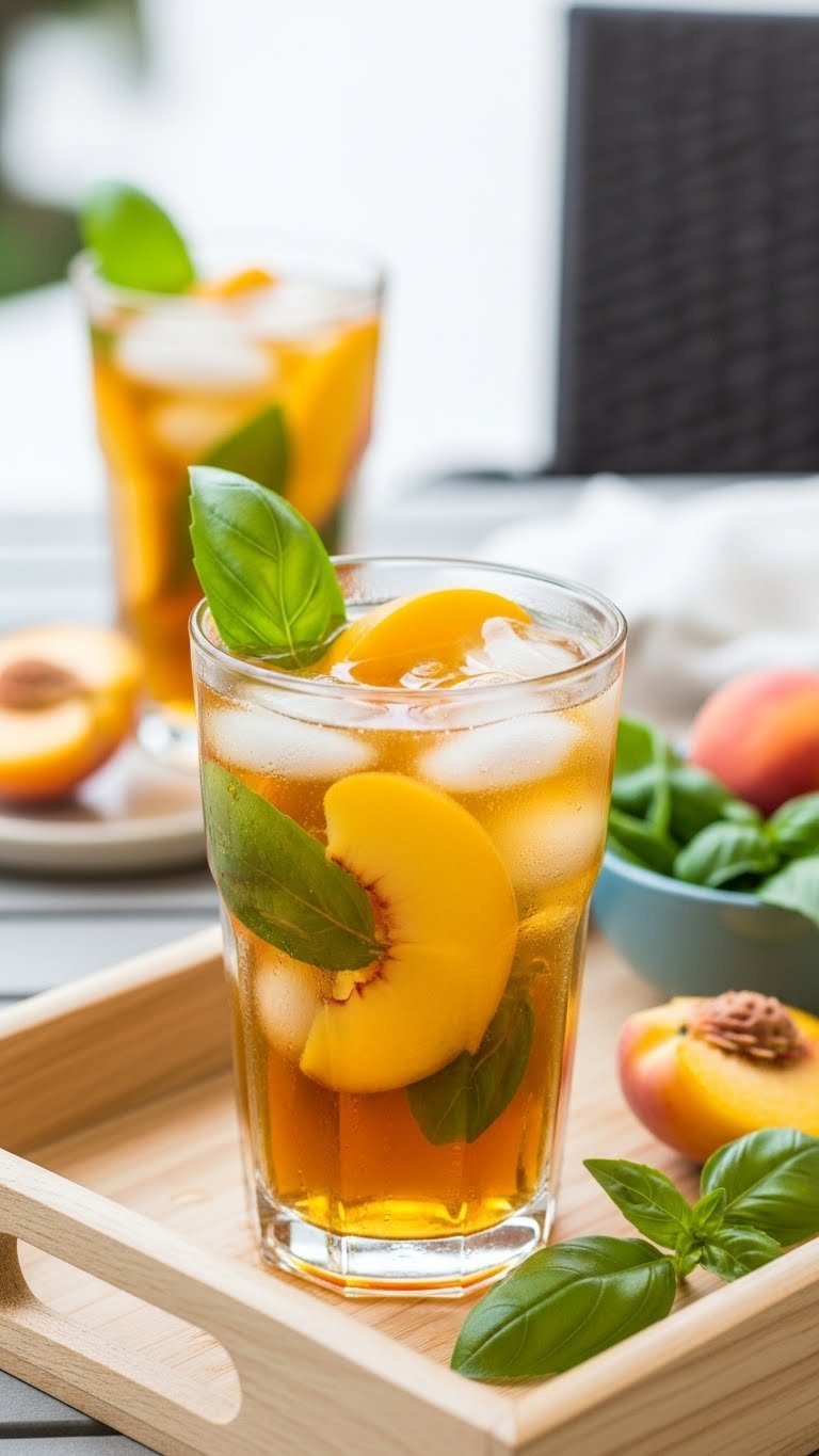 Tall glass of amber-colored peach basil iced tea with fresh peach slices and basil leaves on wooden tray