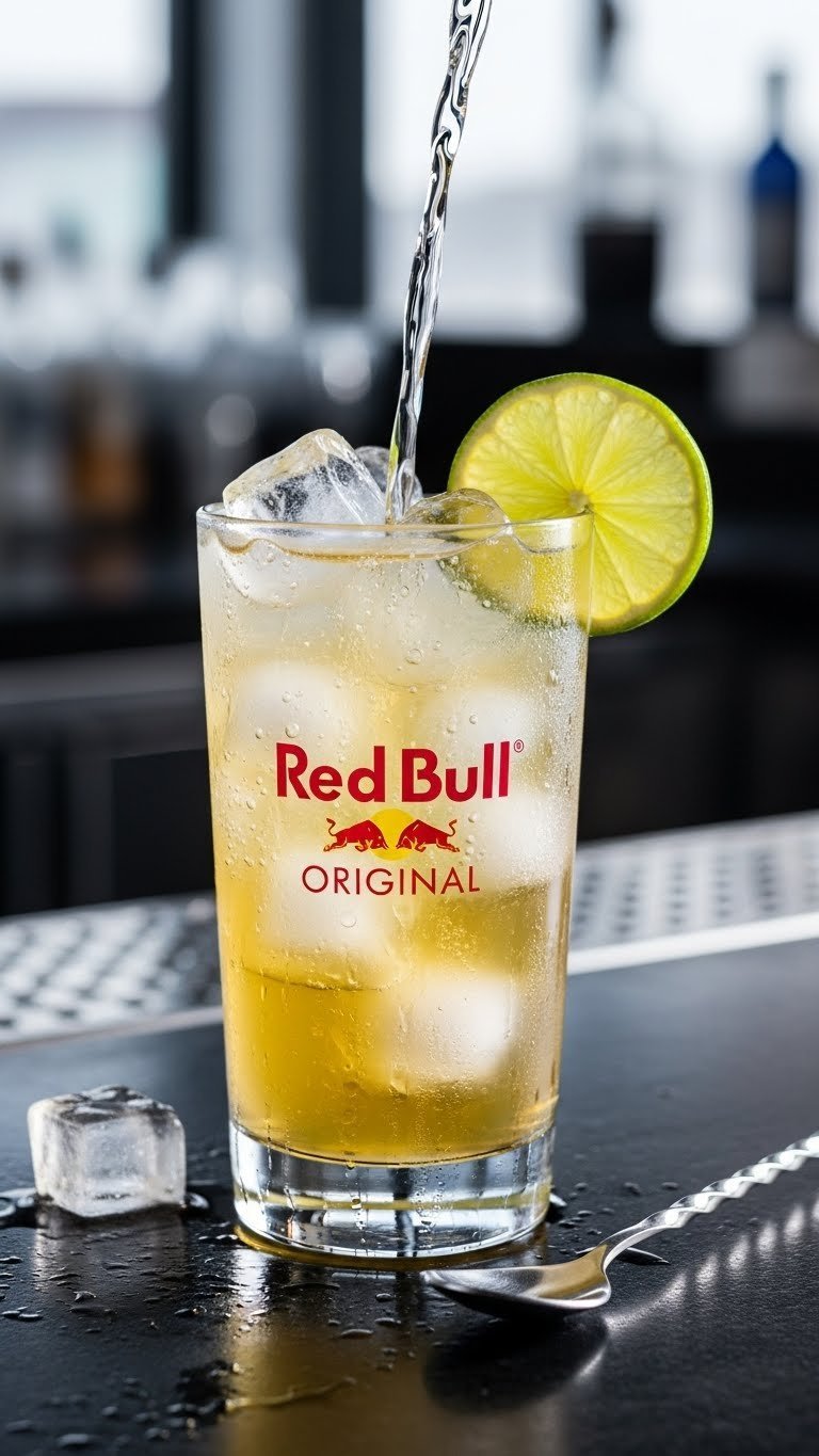 Tall glass of classic Vodka Red Bull cocktail with ice, golden hue, lime wedge garnish on dark bar counter with soft bokeh background