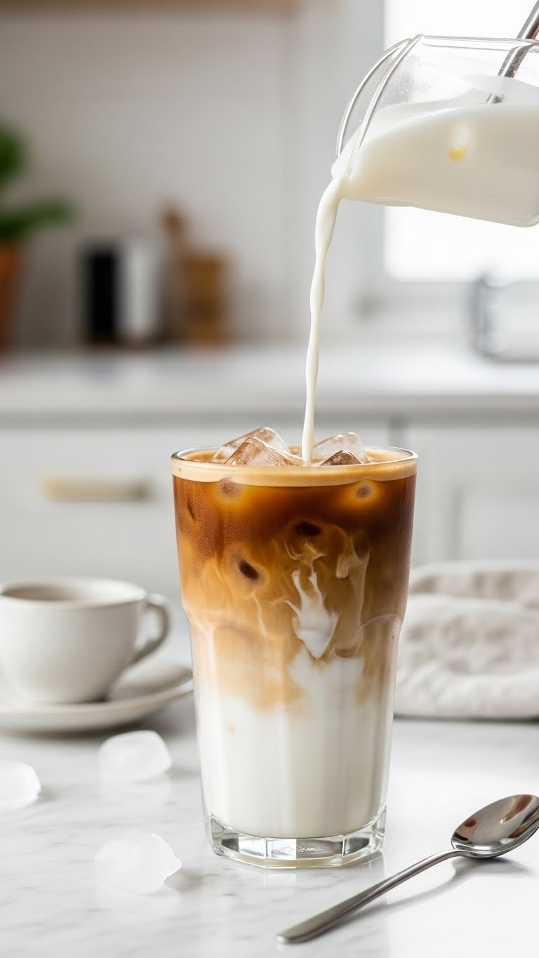 Tall glass of classic iced latte with layered espresso, creamy milk, and ice cubes on marble countertop