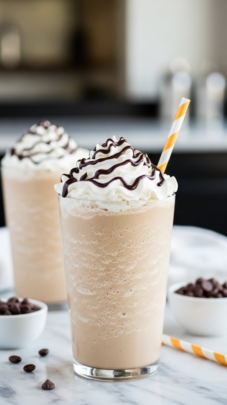 Tall glass of creamy frappuccino with blended coffee, whipped cream, and chocolate drizzle