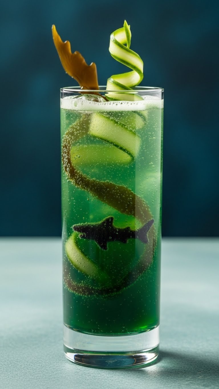 Tall glass of deep green sparkling fizz with kelp ribbons and gummy shark peeking from murky depths
