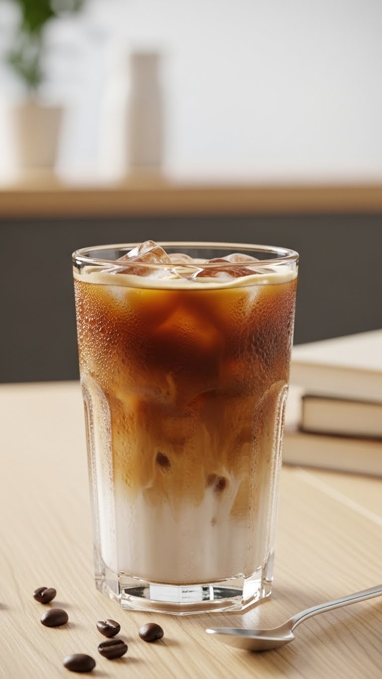 Tall glass of iced coffee with cream swirl and condensation on wooden table in cafe interior