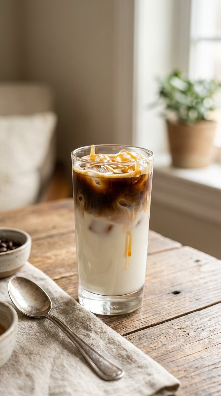 Tall glass of layered iced caramel macchiato with golden drizzle on rustic wooden table with coffee beans and vintage spoon.