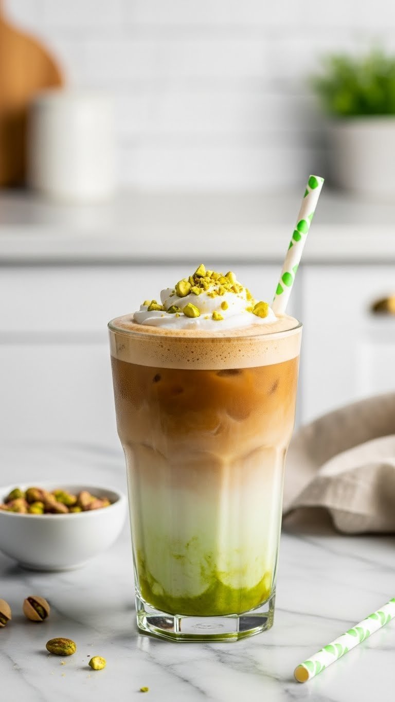 Tall glass of layered iced pistachio latte with espresso, milk, green syrup swirl, and whipped cream topping