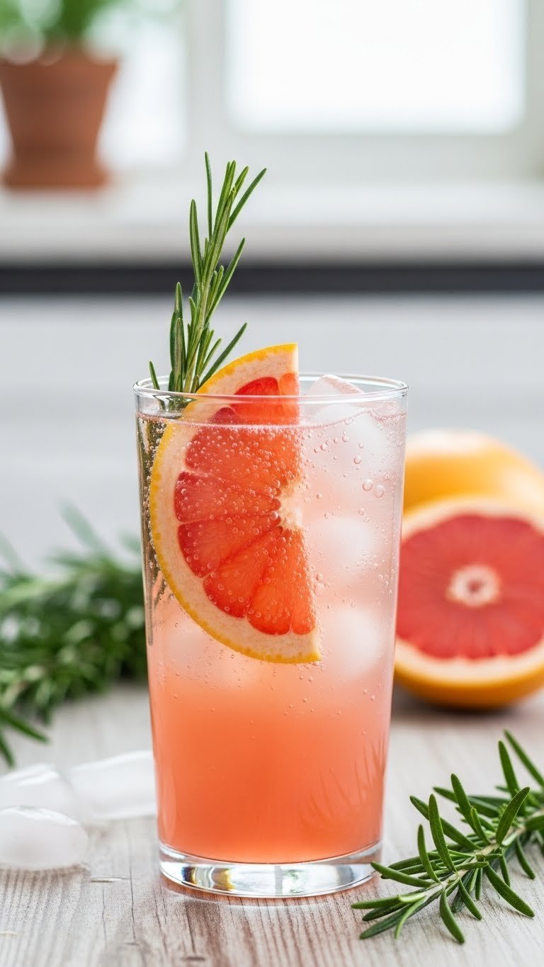 Tall glass of pale pink grapefruit rosemary soda with fresh grapefruit slices and rosemary sprig on rustic table