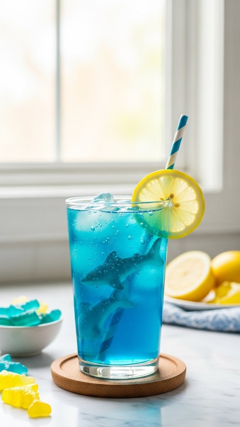 Tall glass of sparkling blue lemonade with submerged gummy sharks, lemon slice rim, and bubbles rising on marble countertop