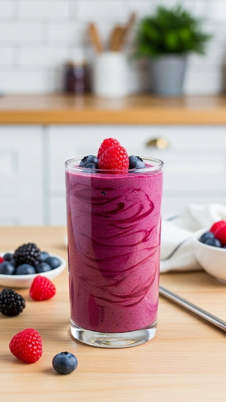 Tall glass of vibrant berry blast smoothie with raspberries and blueberries on a light wood table with bokeh background