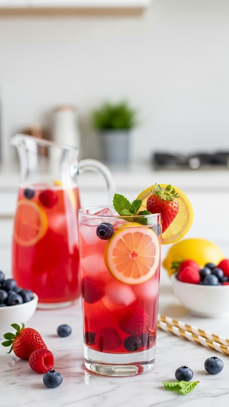 Tall glass of vibrant pink sparkling berry lemonade with fresh strawberries, raspberries, blueberries, ice cubes, lemon slice, and mint garnish