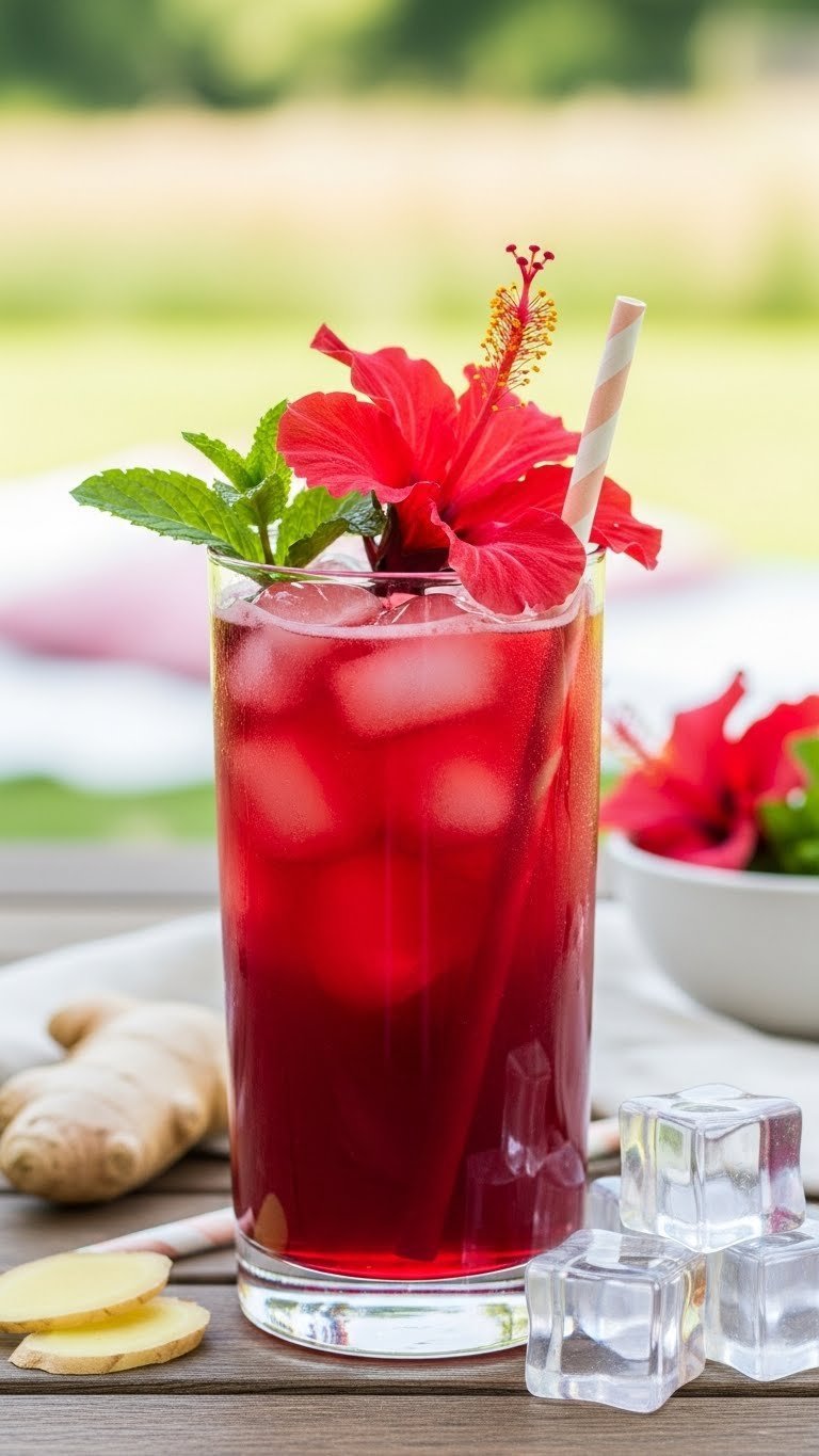 Tall glass of vibrant red hibiscus ginger punch garnished with fresh ginger slices and hibiscus flowers on rustic wooden table