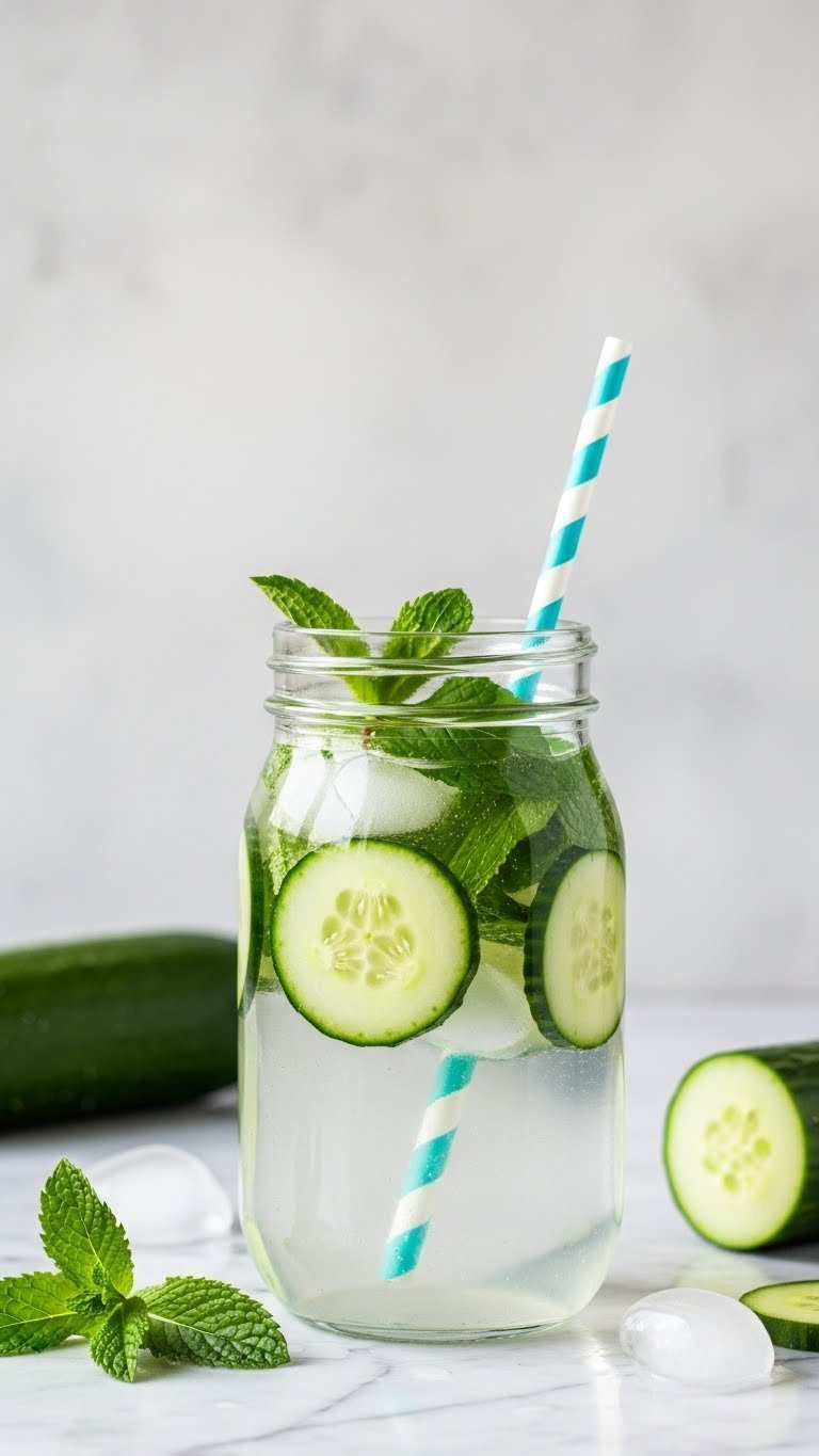 Tall glass pitcher of crystal-clear cucumber mint infused water with fresh cucumber slices and mint leaves on marble surface