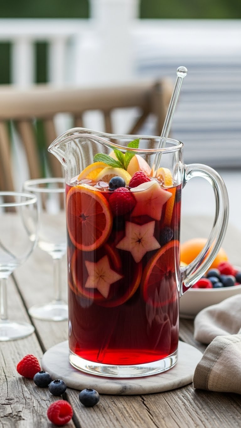 Tall glass pitcher with ruby-red sangria filled with fruit slices raspberries and blueberries on wooden table