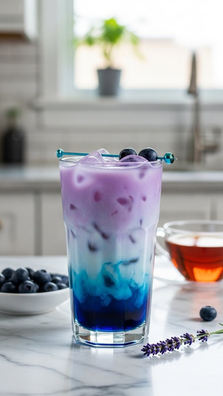 Tall glass showcasing layered butterfly pea tea latte with deep blue tea, creamy milk, and purple transition garnished with blueberries