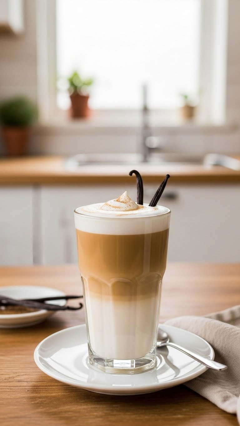Tall glass vanilla latte with distinct espresso and steamed milk layers, topped with frothed milk swirl and vanilla bean garnish on rustic wooden table.
