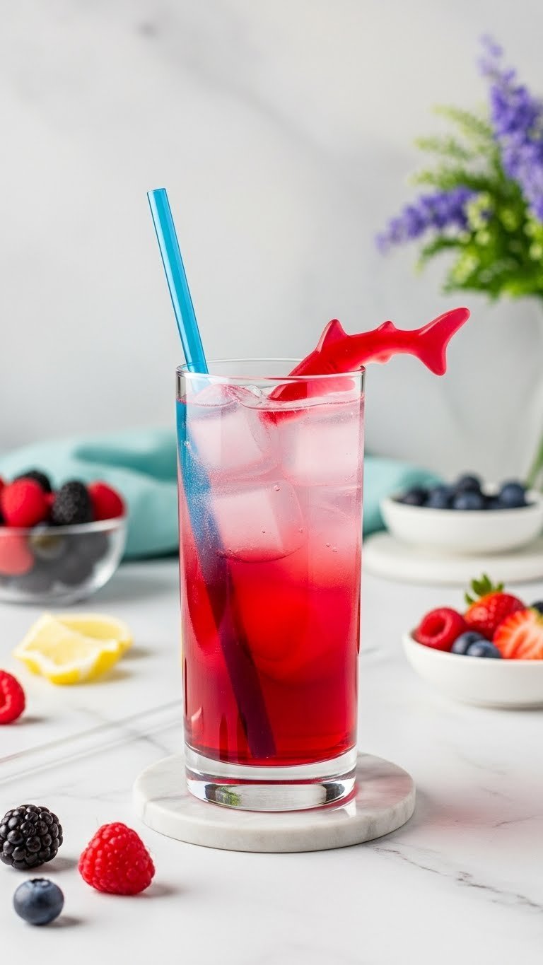 Tall glass with striking red and blue layered mocktail featuring gummy shark approaching berry juice layer